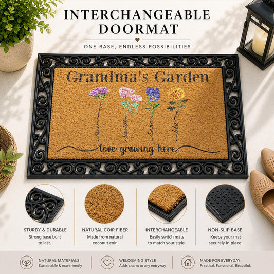 Personalized Birth Flower Design Welcome Mat, Grandma's Garden Interchangeable Doormat