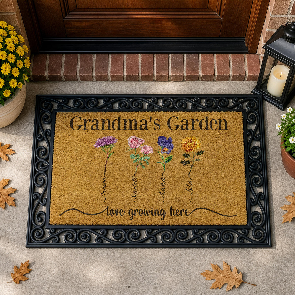 Personalized Birth Flower Design Welcome Mat, Grandma's Garden Interchangeable Doormat