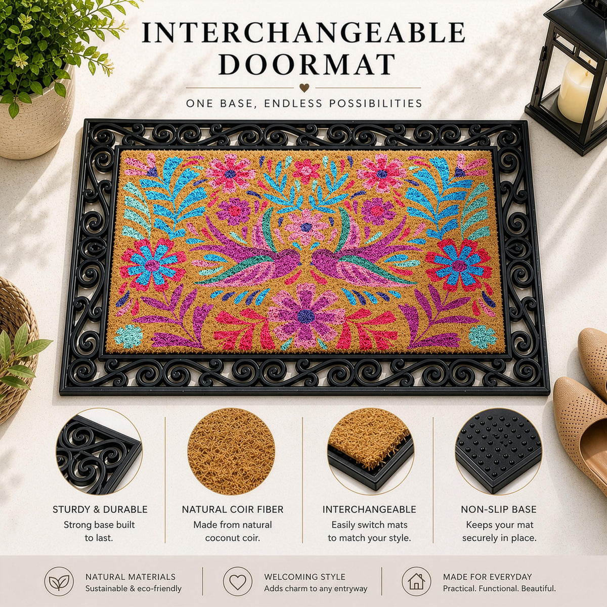 Mexican Folk Art Design Interchangeable Doormat, Colorful Bird and Floral Welcome Mats
