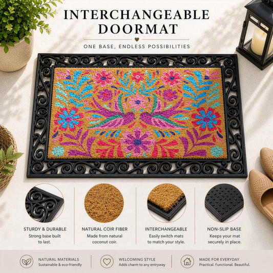 Mexican Folk Art Design Interchangeable Doormat, Colorful Bird and Floral Welcome Mats
