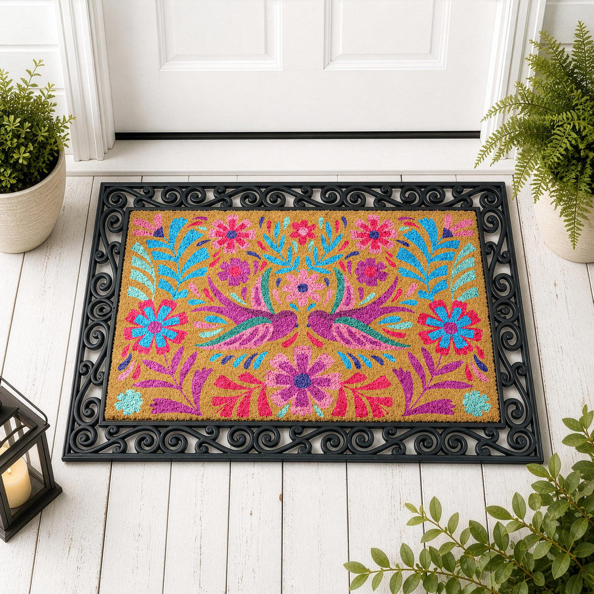 Mexican Folk Art Design Interchangeable Doormat, Colorful Bird and Floral Welcome Mats