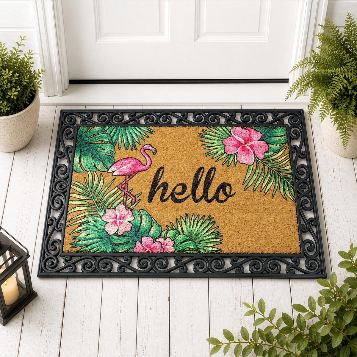 Tropical Vibe Interchangeable Welcome Mat, Pink Flamingos Doormat, Beach House Entryway Mat