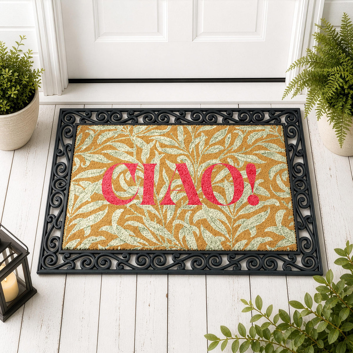 Italian Ciao! Interchangeable Welcome Mat, Modern Leaf Pattern Hello Doormat Set