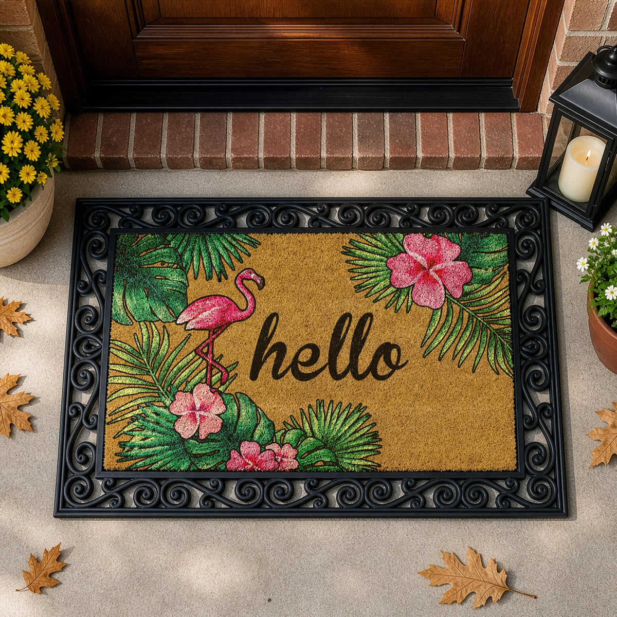 Tropical Vibe Interchangeable Welcome Mat, Pink Flamingos Doormat, Beach House Entryway Mat