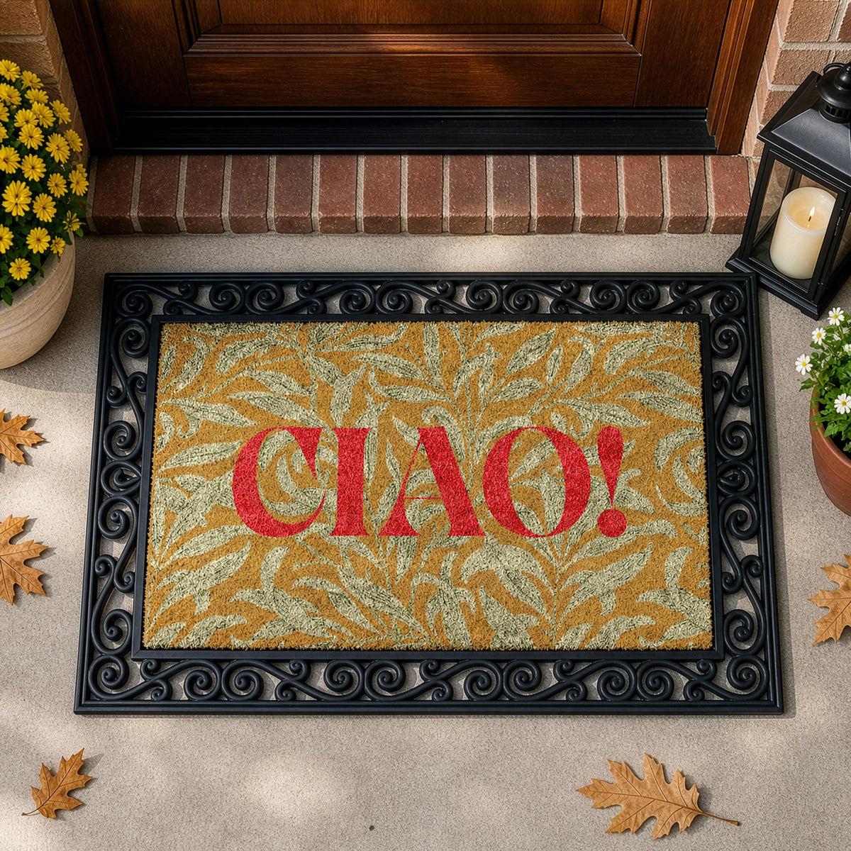 Italian Ciao! Interchangeable Welcome Mat, Modern Leaf Pattern Hello Doormat Set
