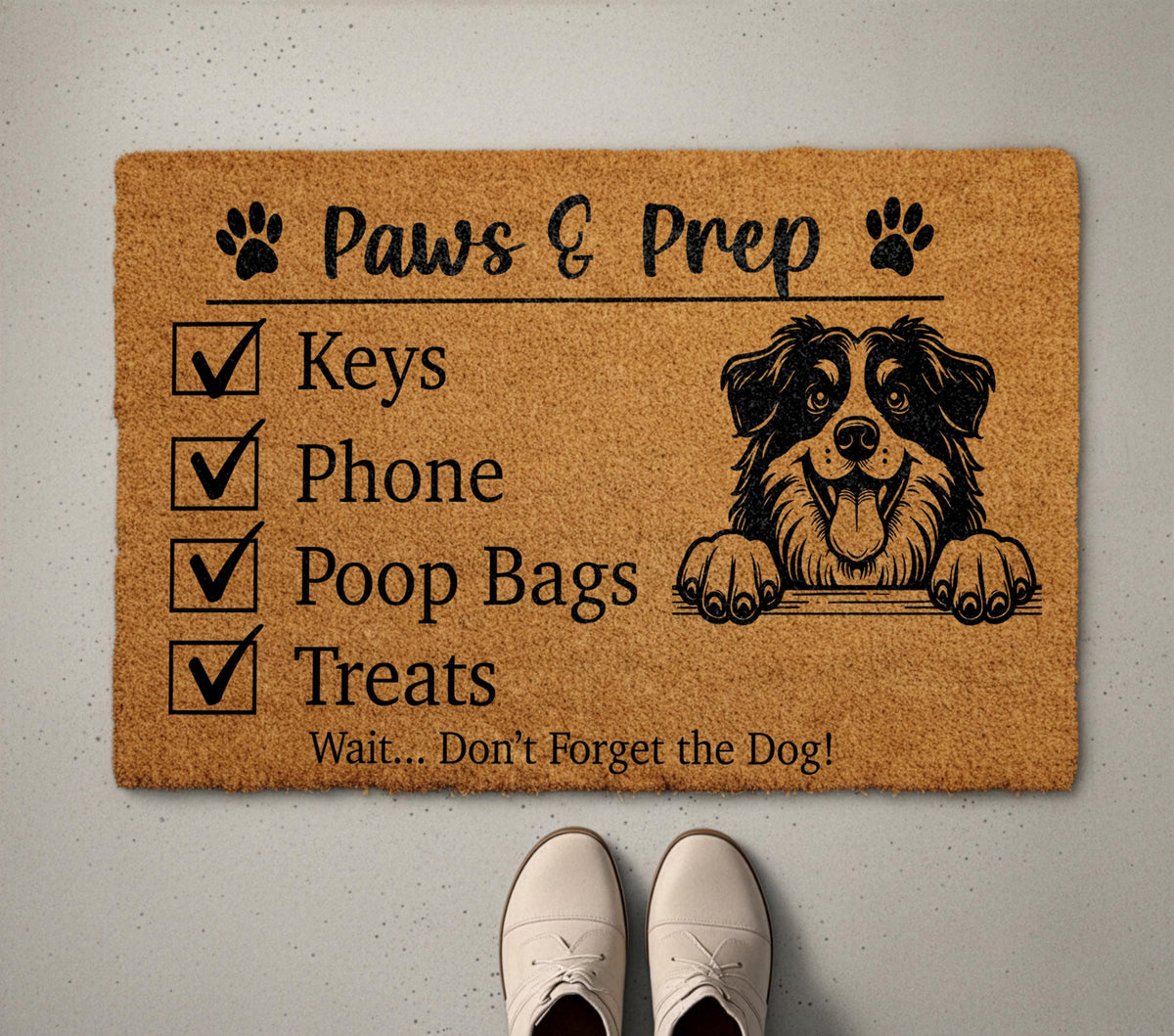 Funny Dog Checklist Doormat, Paws & Prep Welcome Mat, Humorous Dogs Lover Housewarming Gift, Front Porch Coir Rug, Home Entrance Decor