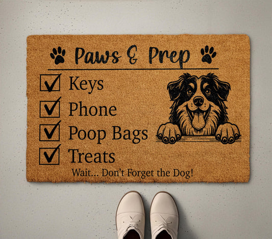 Funny Dog Checklist Doormat, Paws & Prep Welcome Mat, Humorous Dogs Lover Housewarming Gift, Front Porch Coir Rug, Home Entrance Decor