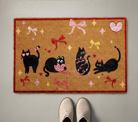 Cute Black Cats Doormat, Coquette Bows and Hearts Decor Welcome Mat, Funny Cat Lover Housewarming Gift, Pet Owner Front Porch Coir Rug
