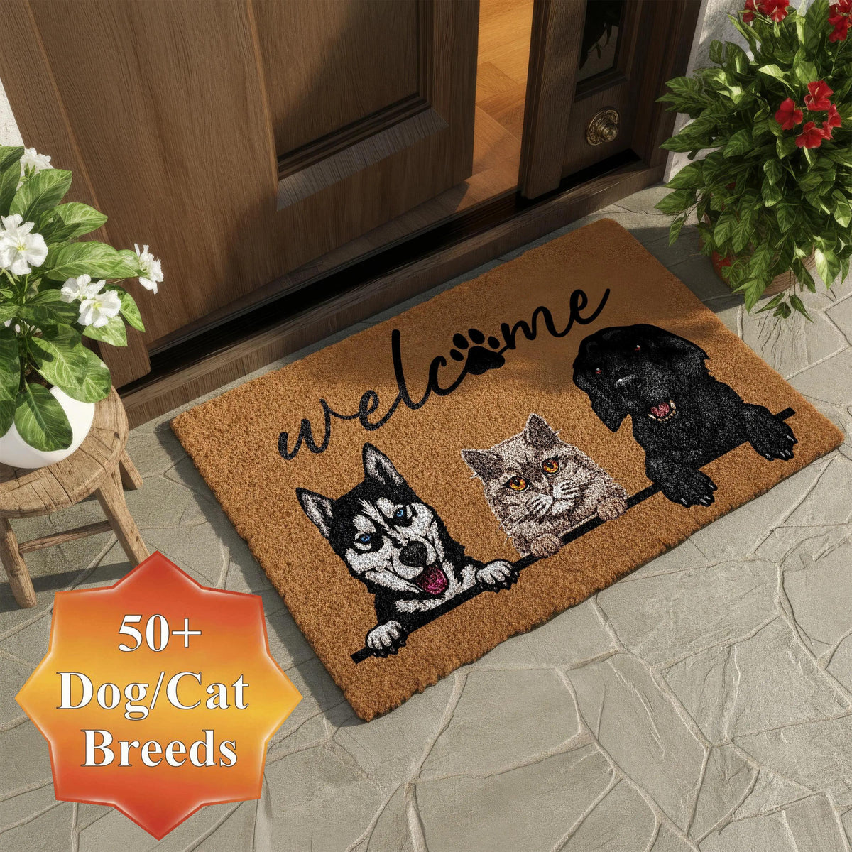 Custom Dog And Cat Coir Mat, Personalized Pet Doormat, Pets Lover Door Mat, Home Entrance Mat, Dogs Cats Owner Front Porch Rug