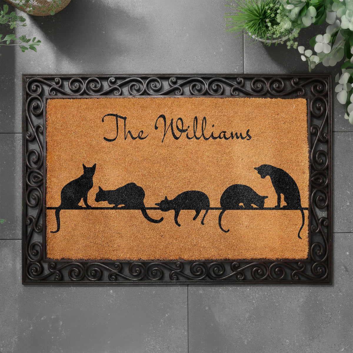 Custom Text Welcome Mat, Personalized Cat Doormat, Cats Mom Housewarming Gift, Pet Owner Front Porch Coir Rug, Pets Lover New Home Present