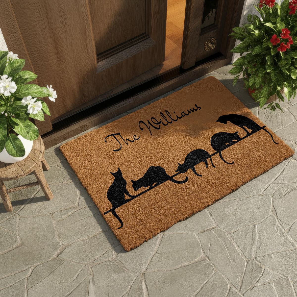 Custom Text Welcome Mat, Personalized Cat Doormat, Cats Mom Housewarming Gift, Pet Owner Front Porch Coir Rug, Pets Lover New Home Present