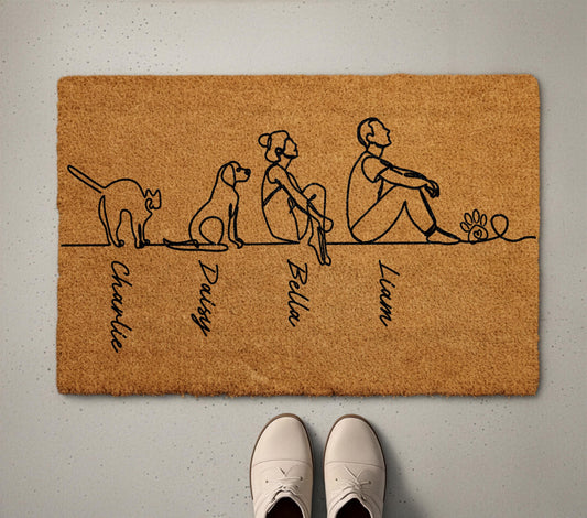 Personalized Pet Family Doormat, Custom Name Pet Line Art Welcome Mat, Dog & Cat Owner Couples Housewarming Gift, Pets Lover Front Porch Rug