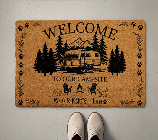 Welcome to Our Campsite Doormat, Custom Name Caravan Welcome Mat, Cat and Dog Lovers Camper Gift, Pet Owners Outdoor Camping Decor