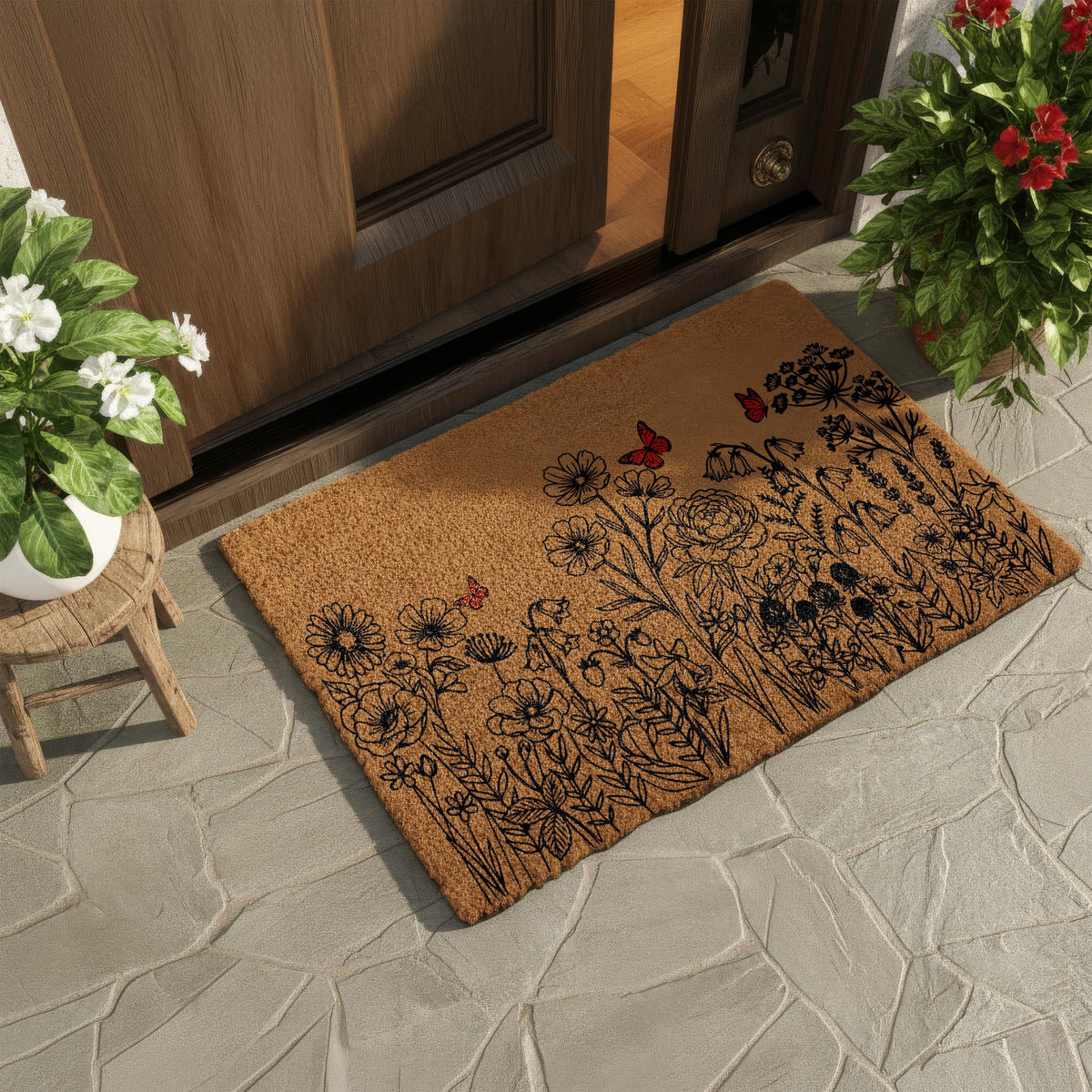 Spring Floral Welcome Mat, Wildflower Field Doormat, Flowers Meadow Housewarming Gift, Summer Front Porch Coir Rug, Home Entrance Decor