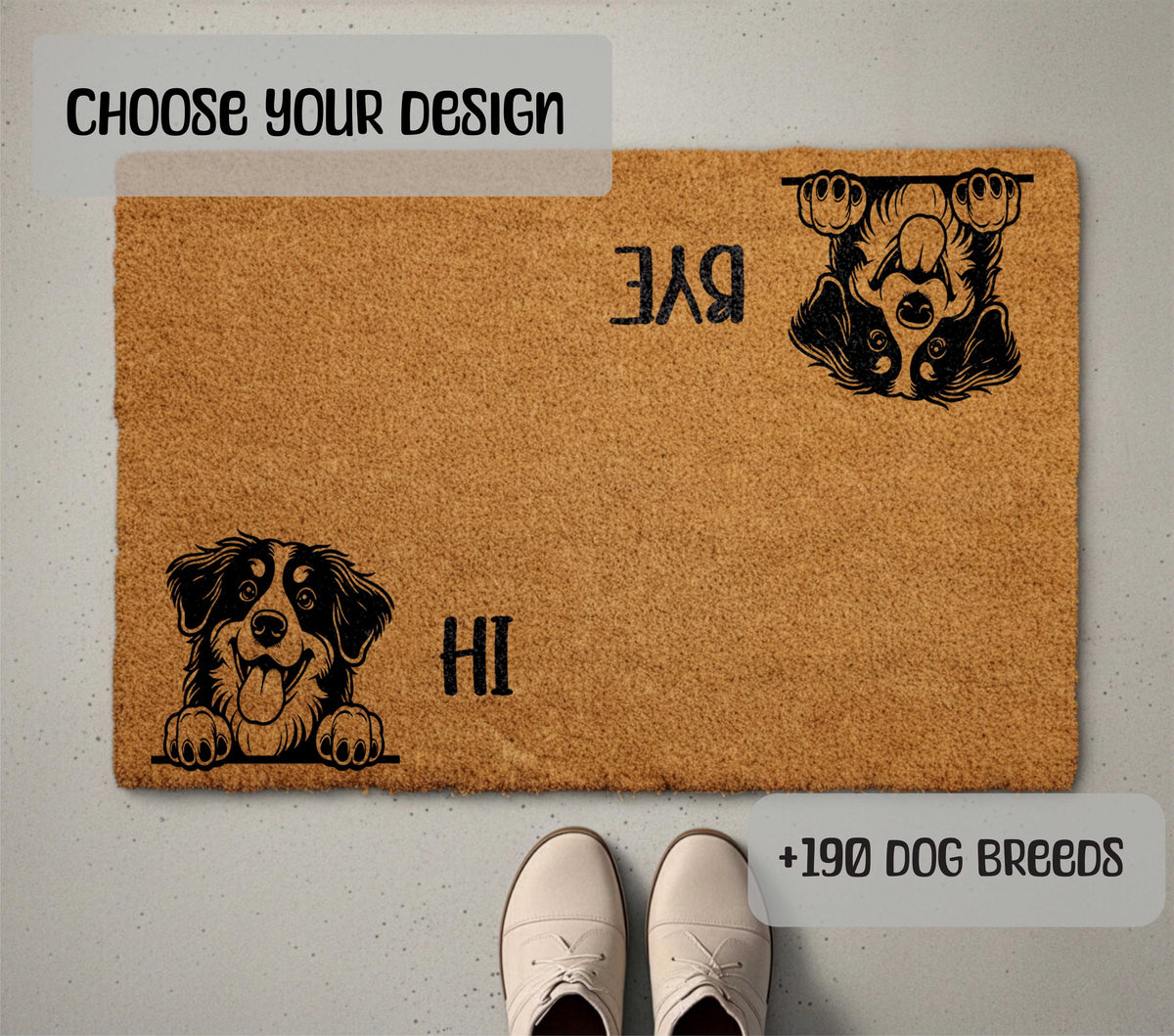 Custom Dog Breed Hi Bye Doormat, Funny Dogs Welcome Mat, Dogs Lover Housewarming Gift, Pets Owner Front Porch Coir Rug, Home Entrance Decor