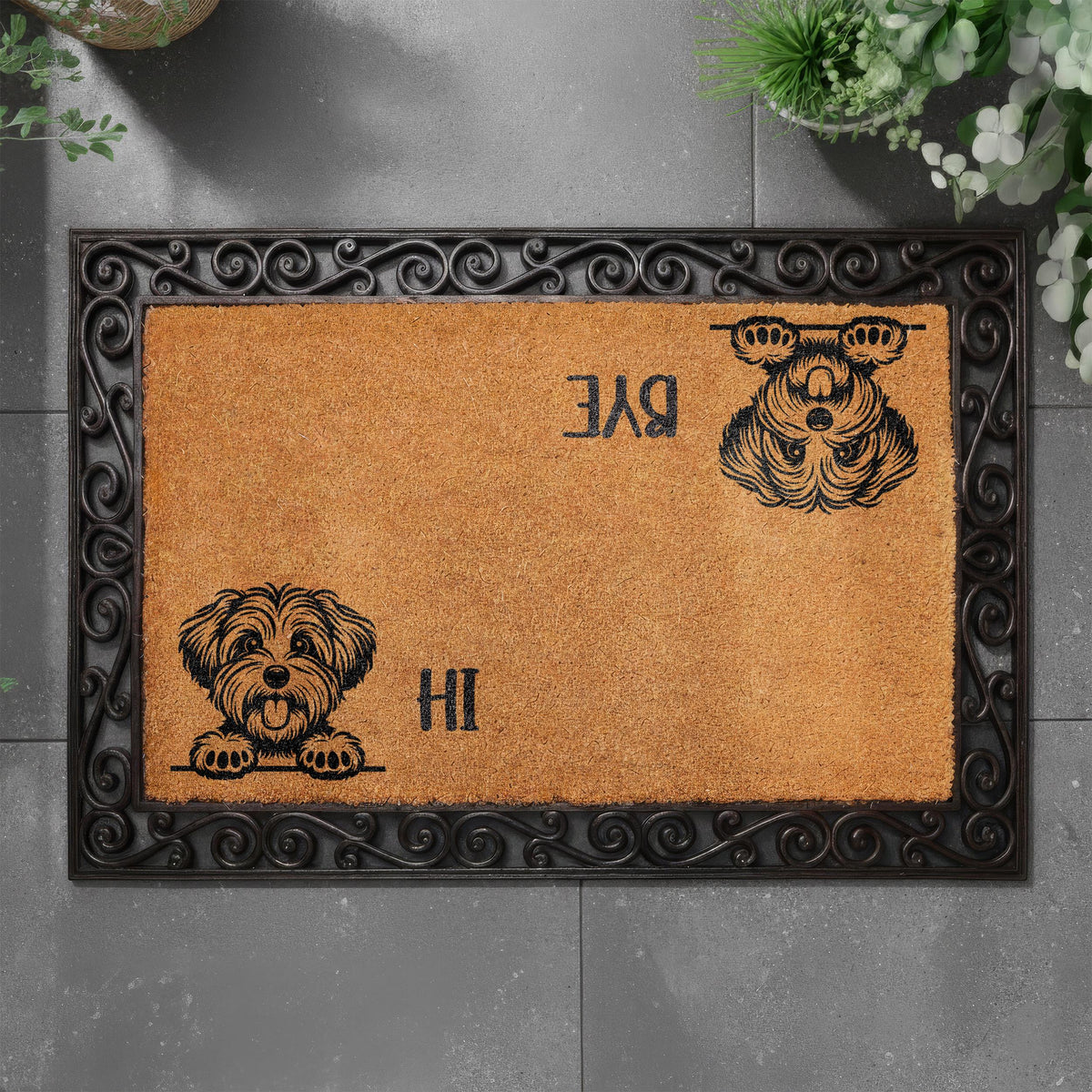 Custom Dog Breed Hi Bye Doormat, Funny Dogs Welcome Mat, Dogs Lover Housewarming Gift, Pets Owner Front Porch Coir Rug, Home Entrance Decor