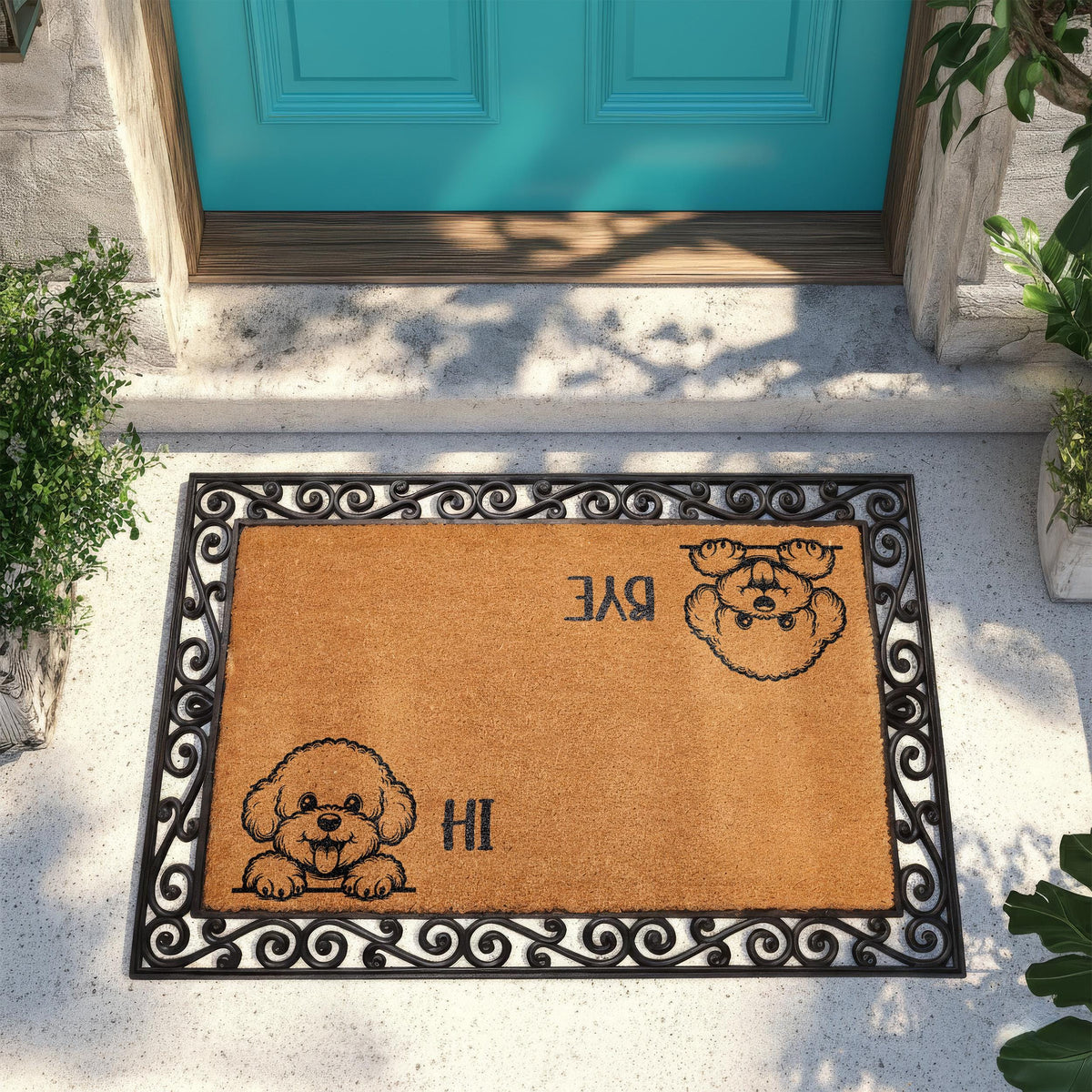 Custom Dog Breed Hi Bye Doormat, Funny Dogs Welcome Mat, Dogs Lover Housewarming Gift, Pets Owner Front Porch Coir Rug, Home Entrance Decor