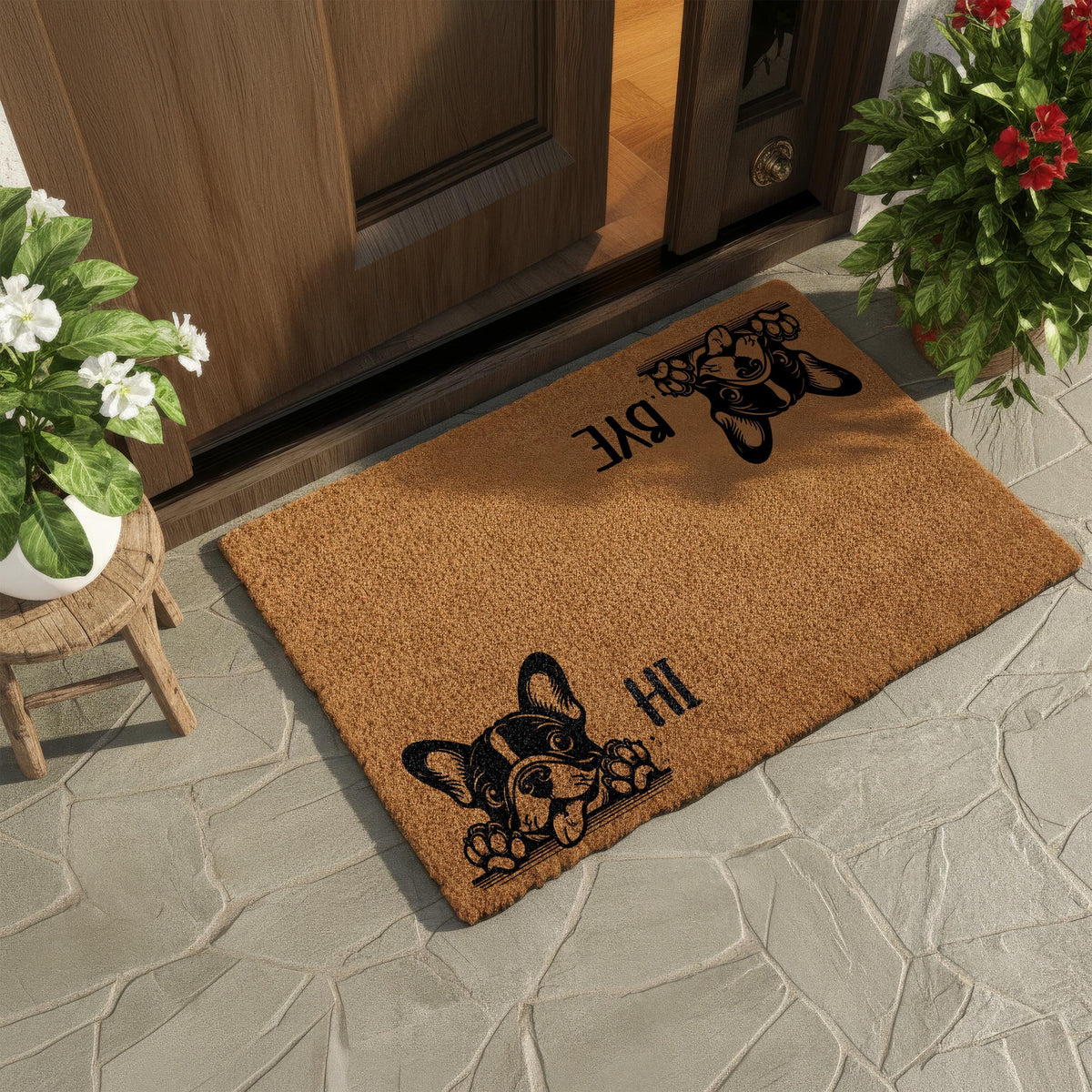 Custom Dog Breed Hi Bye Doormat, Funny Dogs Welcome Mat, Dogs Lover Housewarming Gift, Pets Owner Front Porch Coir Rug, Home Entrance Decor