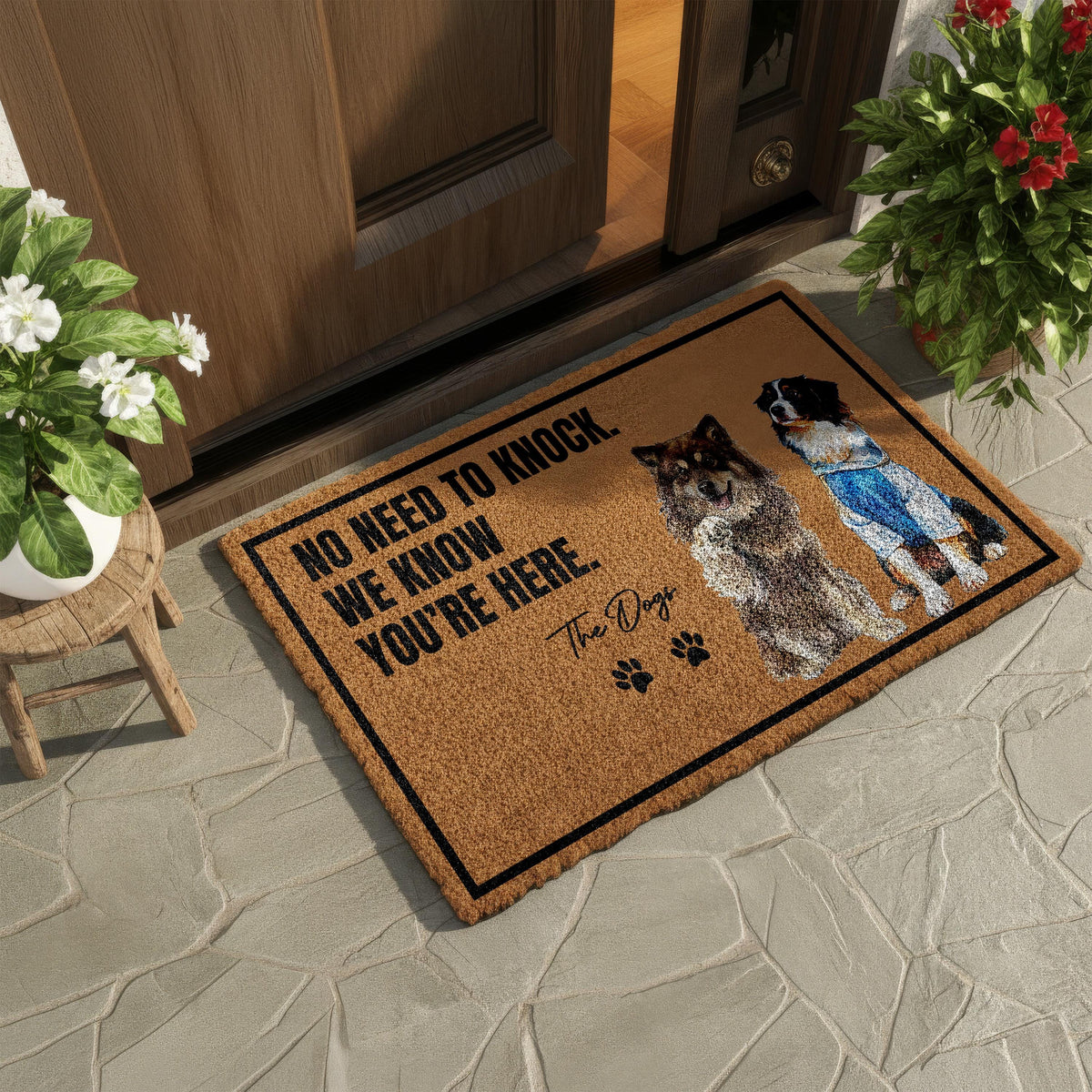 Custom Watercolor Dog Photo Doormat, No Need to Knock We Know You're Here Welcome Mat, Dogs Lover Housewarming Gift, Pet Picture Coir Rug
