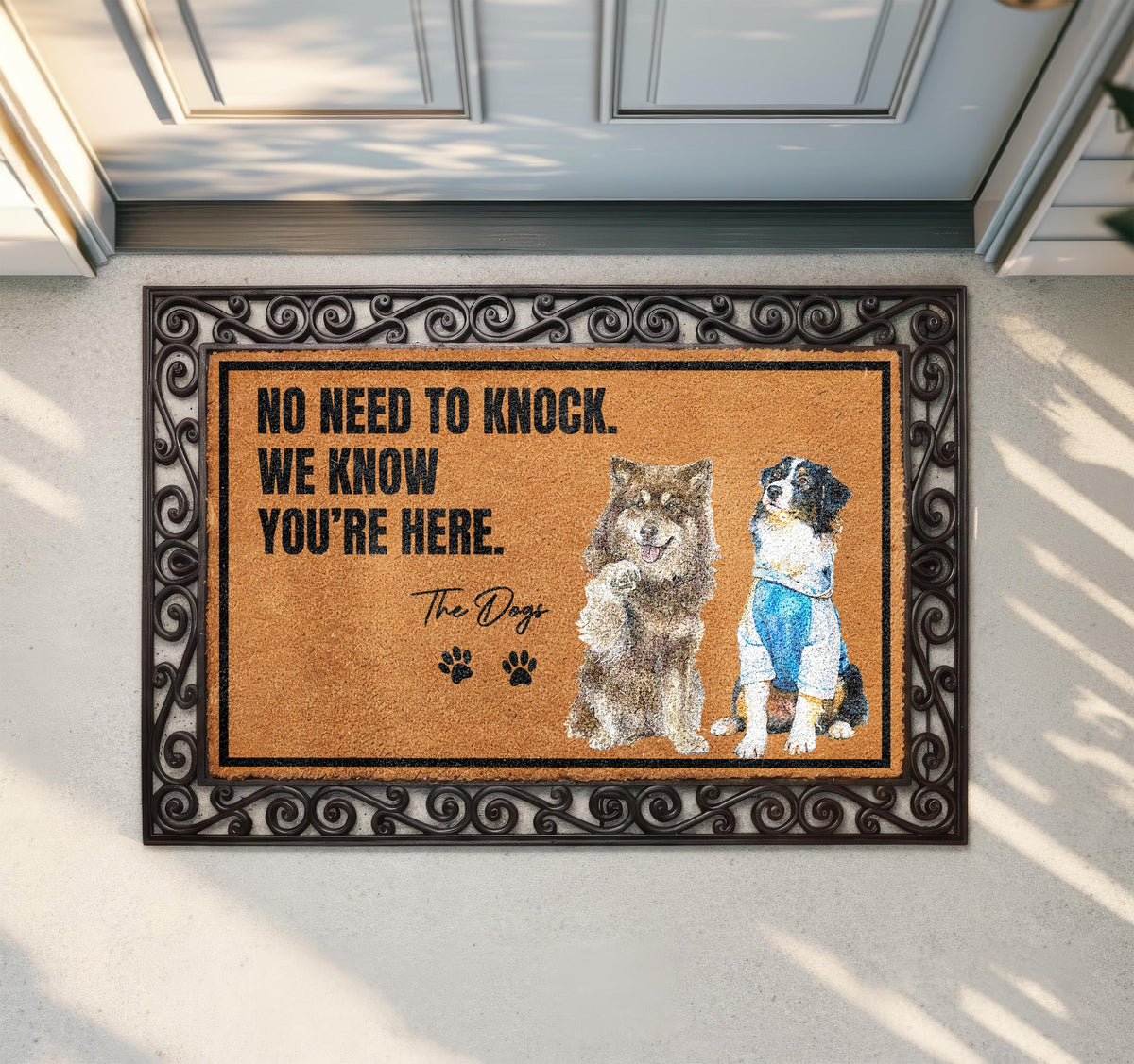 Custom Watercolor Dog Photo Doormat, No Need to Knock We Know You're Here Welcome Mat, Dogs Lover Housewarming Gift, Pet Picture Coir Rug
