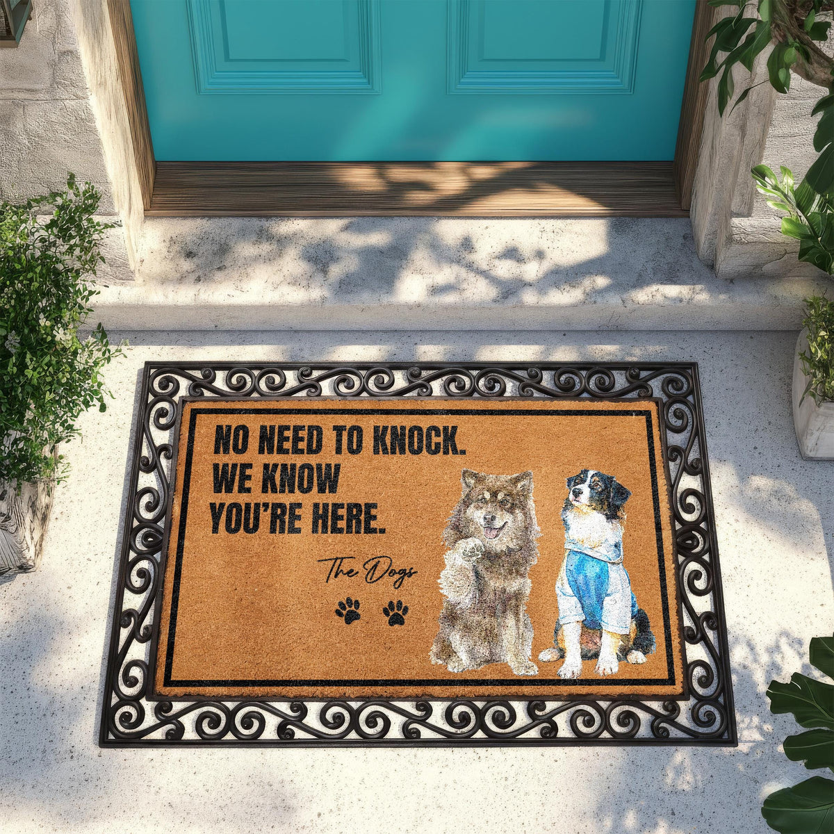 Custom Watercolor Dog Photo Doormat, No Need to Knock We Know You're Here Welcome Mat, Dogs Lover Housewarming Gift, Pet Picture Coir Rug