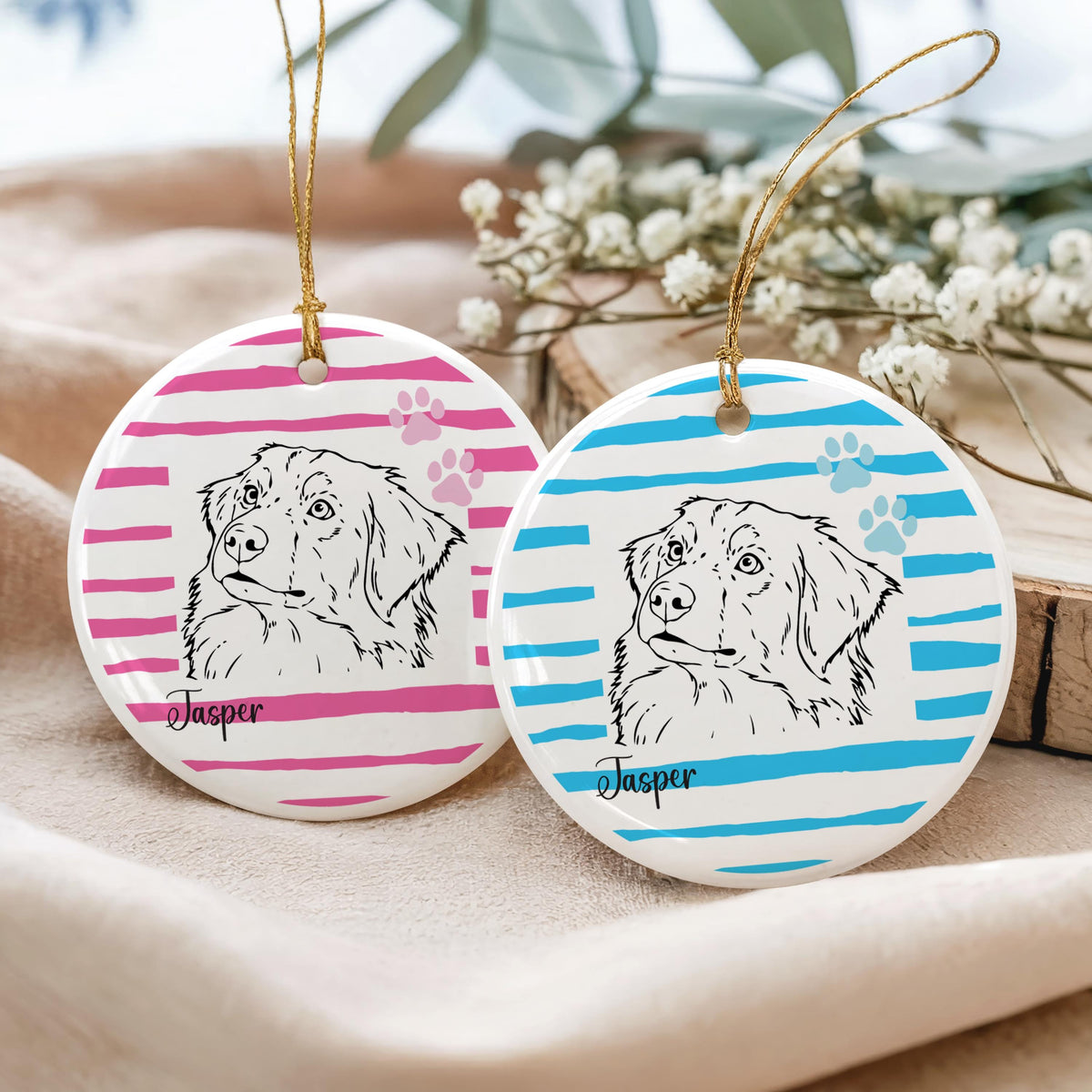 Custom Line Art Pet Ornament, Dog Portrait Keepsake, Personalized Pet Drawing from Photo with Name Decor, Striped Dog Mom Gift