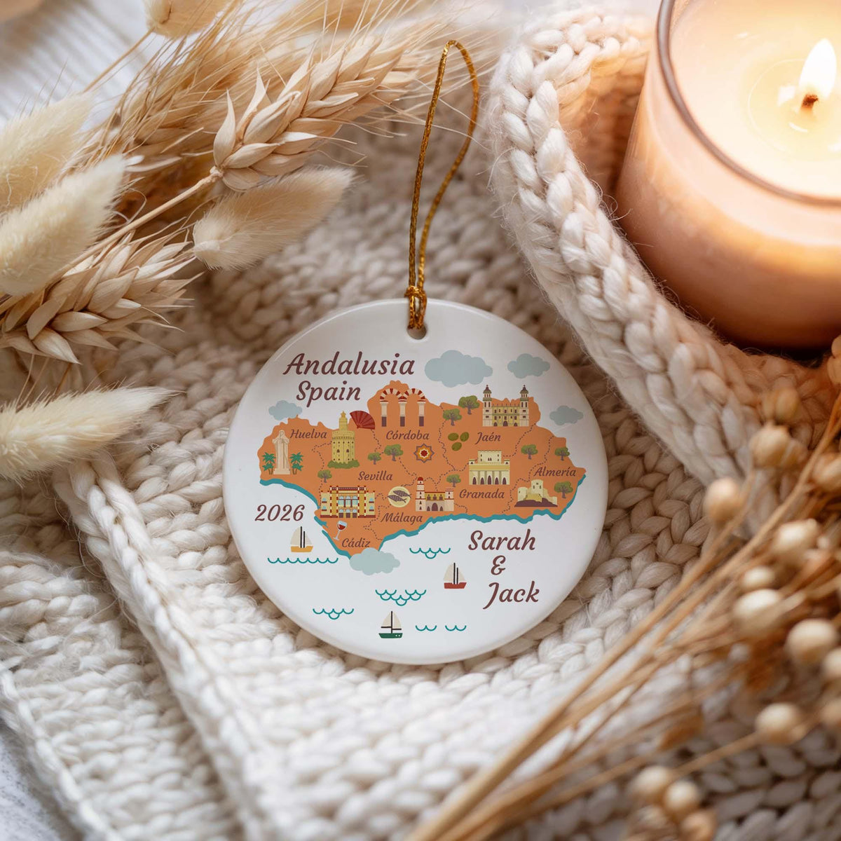 Custom Name Andalusia Map Ceramic Ornament, 2026 Spain Couple Vacation Keepsake