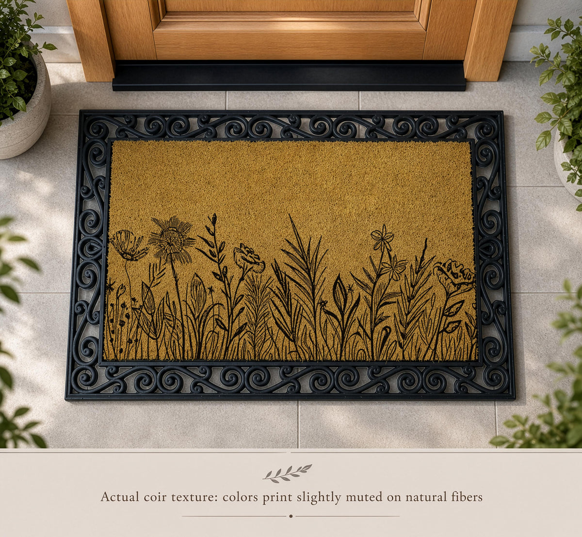 Line Art Flower Meadow Interchangeable Doormat, Minimalist Wildflower Non-Slip Entryway Mat