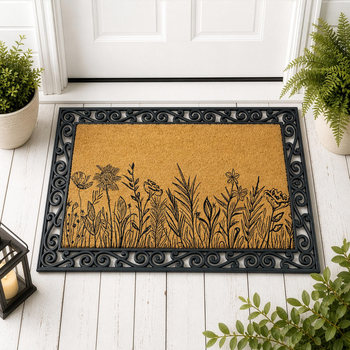 Line Art Flower Meadow Interchangeable Doormat, Minimalist Wildflower Non-Slip Entryway Mat