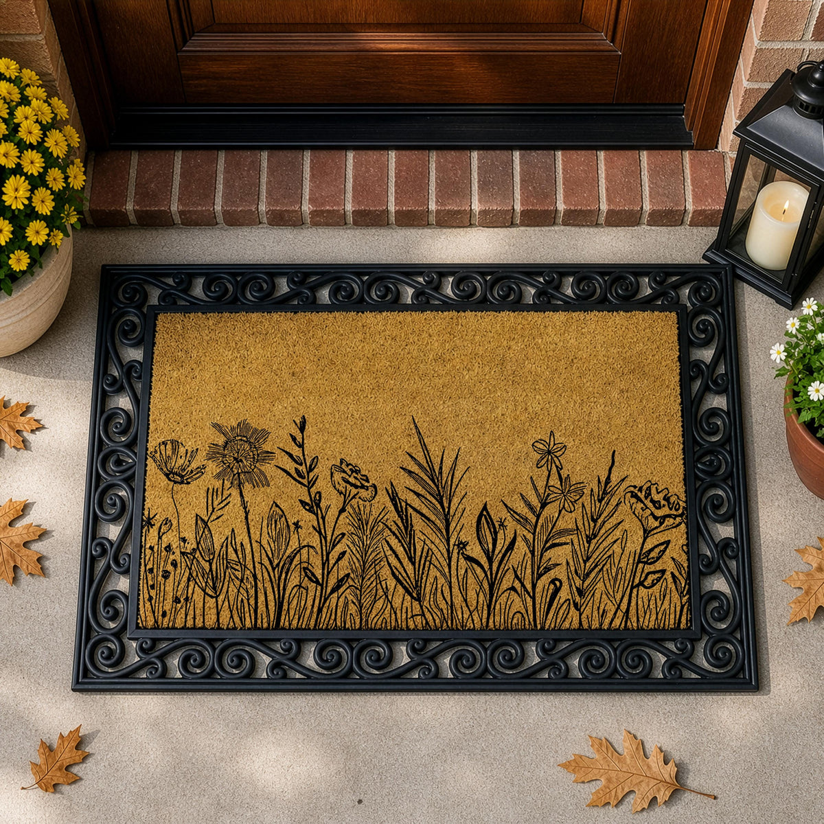 Line Art Flower Meadow Interchangeable Doormat, Minimalist Wildflower Non-Slip Entryway Mat