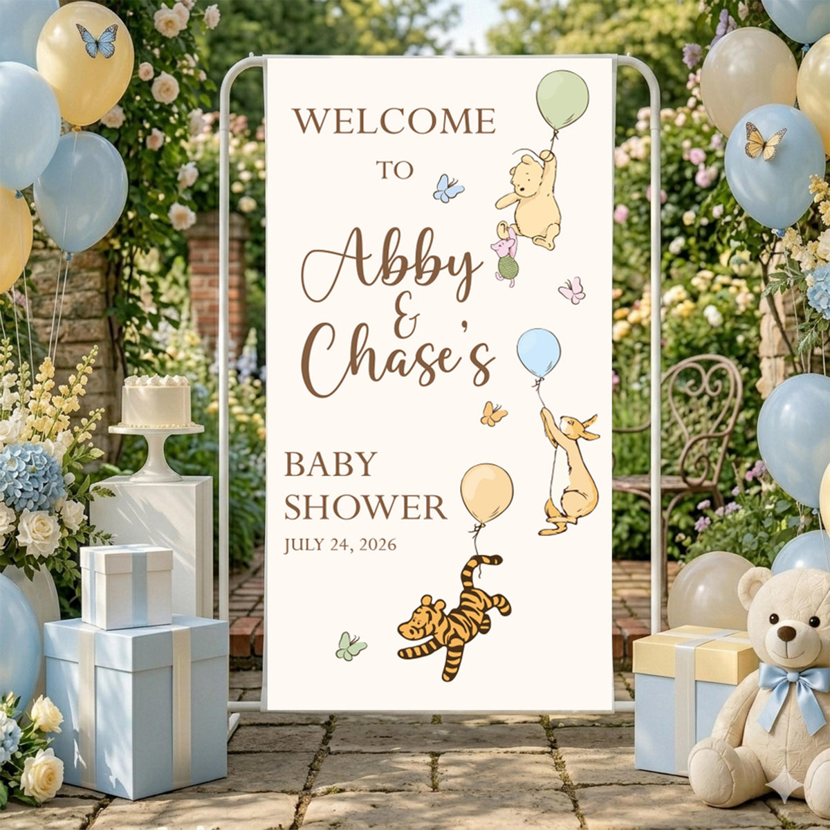 Personalized Bear Baby Shower Welcome Banner, Winnie the Pooh Party Sign, Garden Decor