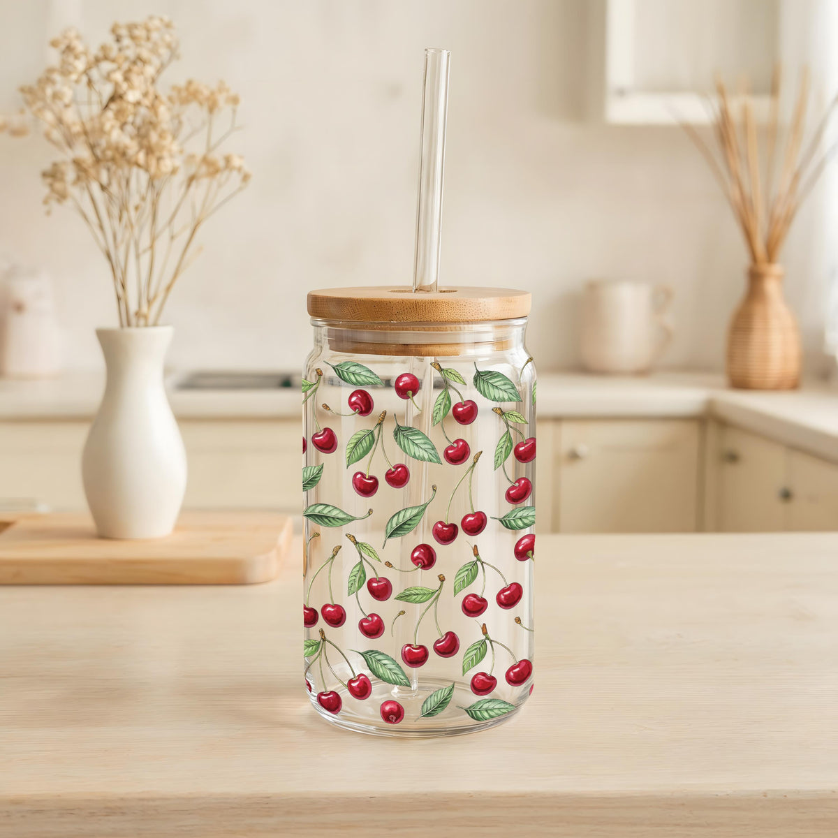 Cherry Illustration Pattern Can Glass Tumbler, Aesthetic Summer Vibes Iced Coffee Cup