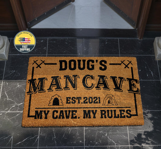 Custom Man Cave Doormat, Funny My Cave My Rules Est Entry Mat, Fathers Day Gift Idea