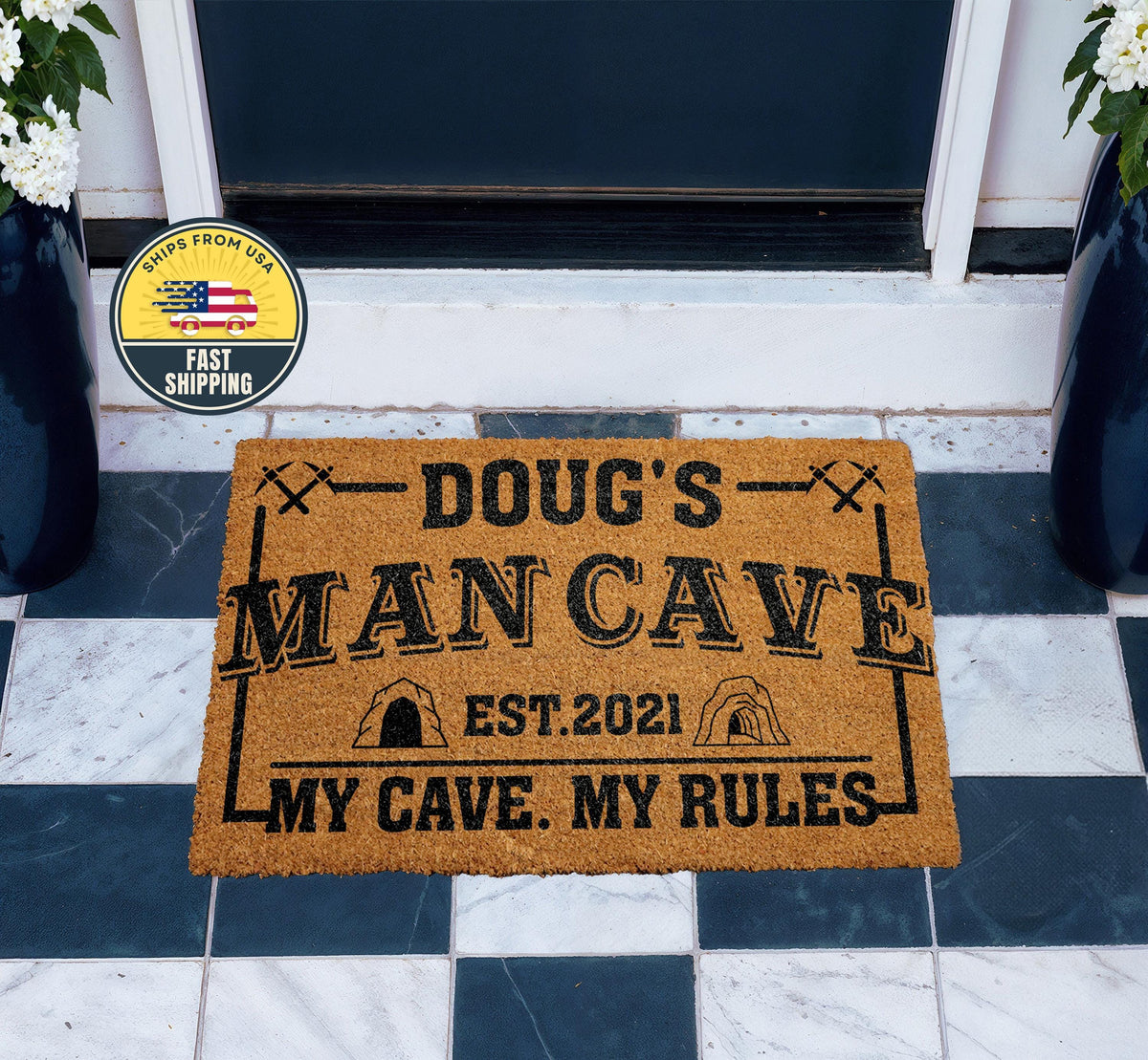 Custom Man Cave Doormat, Funny My Cave My Rules Est Entry Mat, Fathers Day Gift Idea