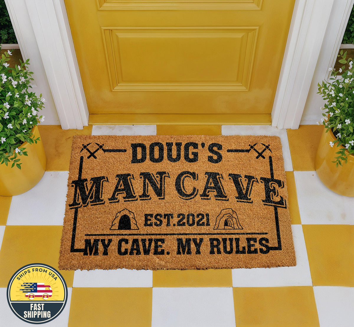 Custom Man Cave Doormat, Funny My Cave My Rules Est Entry Mat, Fathers Day Gift Idea
