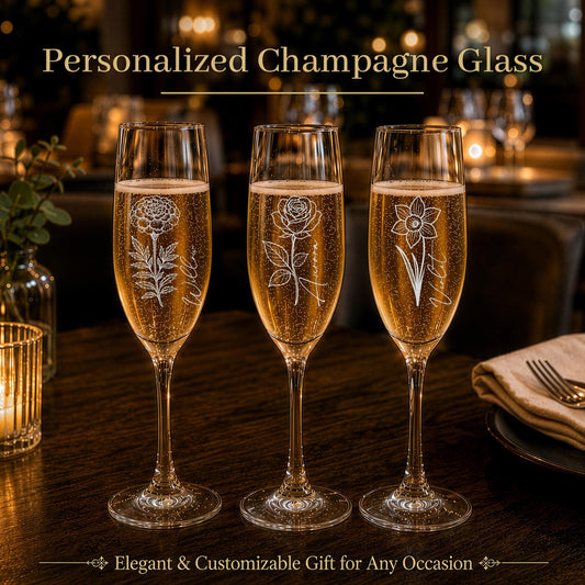 Personalized Engraved Champagne Glass, Birth Flower Crystal Flute