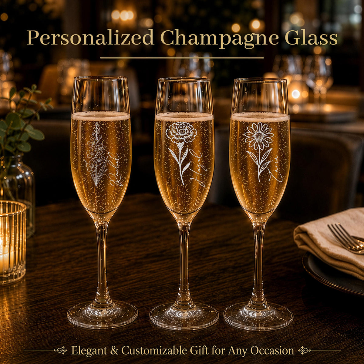 Personalized Engraved Champagne Flute, Custom Floral Design Gift