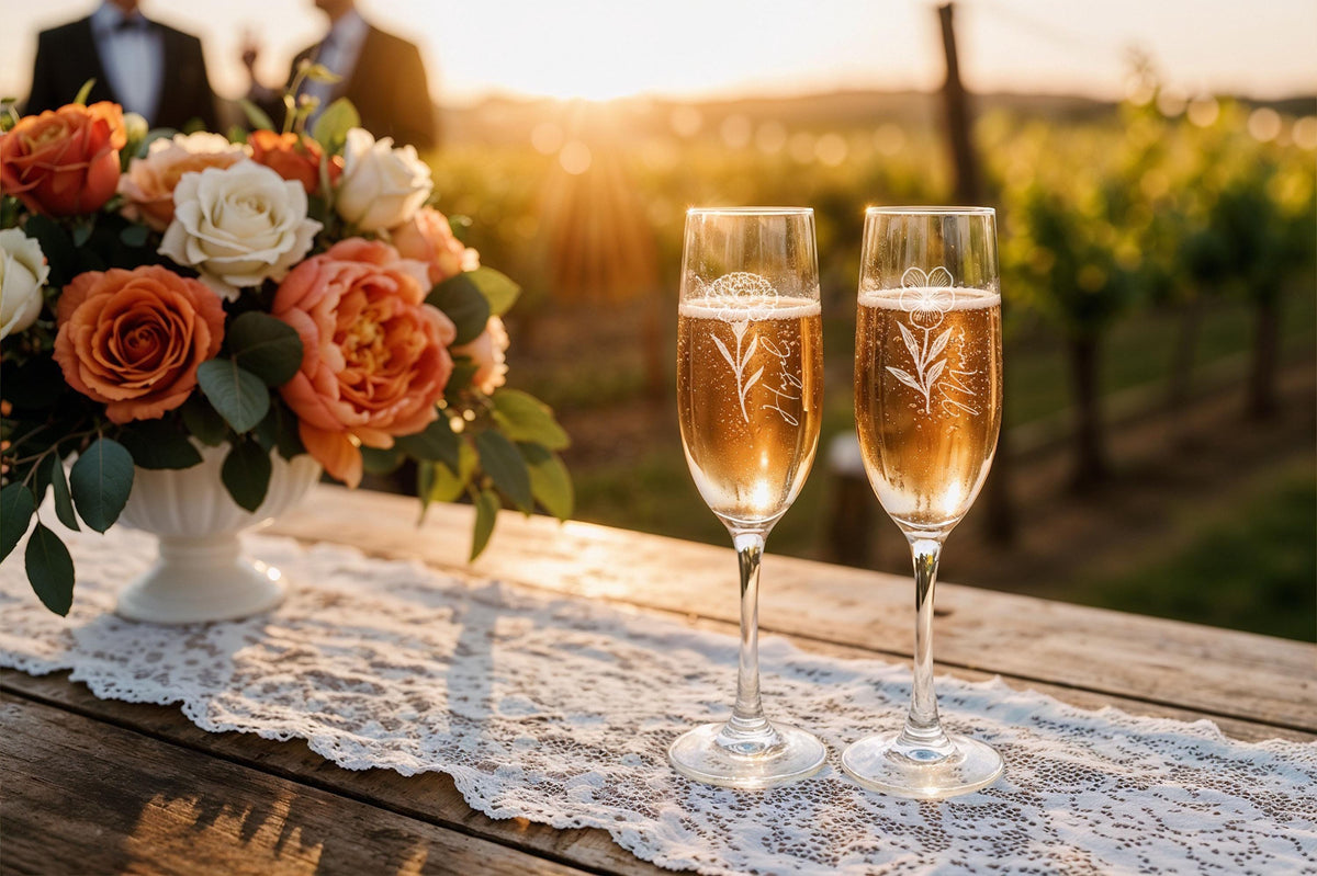Personalized Engraved Champagne Flute, Custom Floral Design Gift