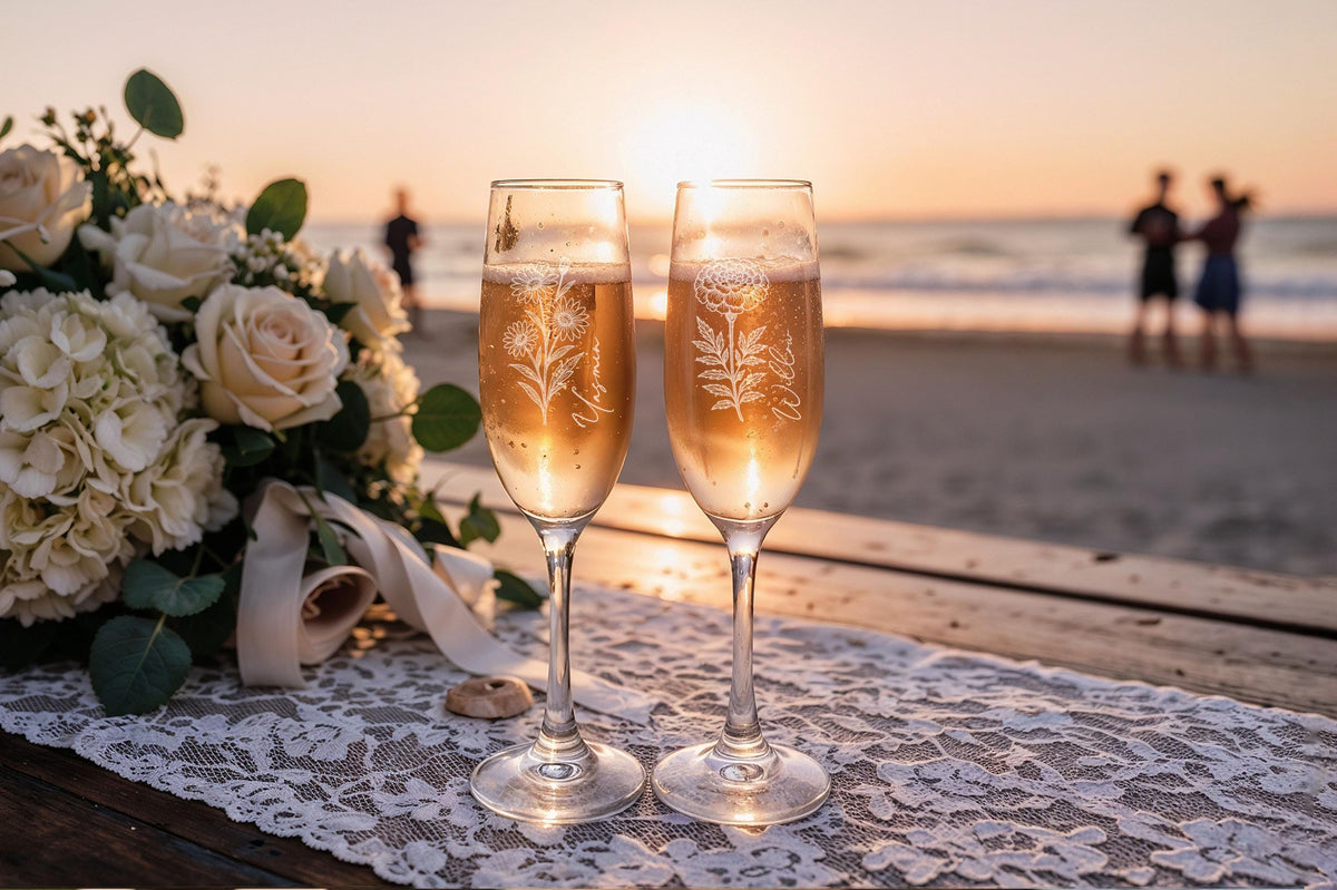Personalized Engraved Champagne Glass, Birth Flower Crystal Flute