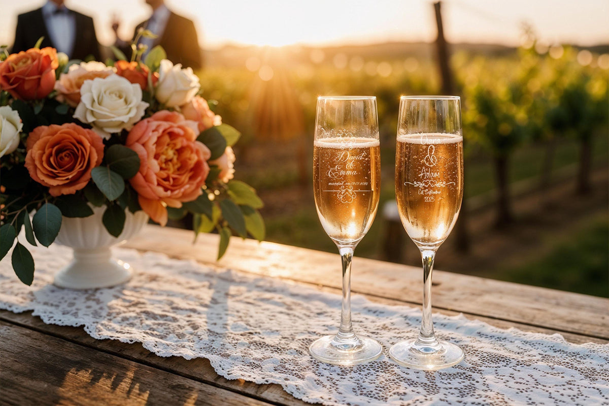 Personalized Crystal Champagne Flutes, Engraved Wedding Anniversary Gift