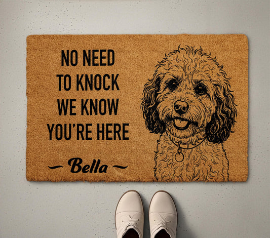 Goldendoodle Doormat, Custom Dog Name Labradoodle Welcome Mat, No Need To Knock We Know You're Here Housewarming Gift, Front Porch Decor
