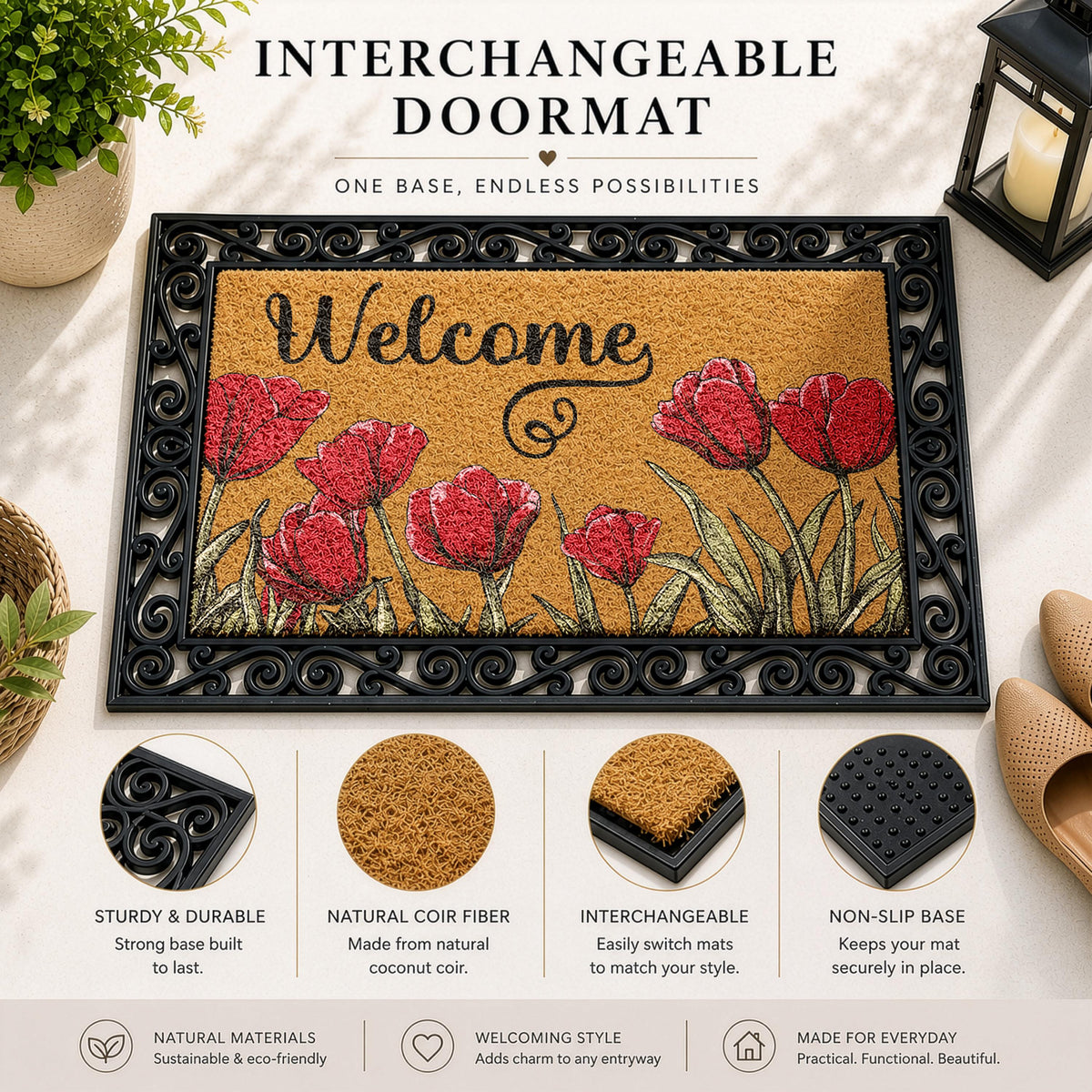 Red Tulips Welcome Mat, Interchangeable Cute Floral Doormat, Flower Lover Housewarming Gift