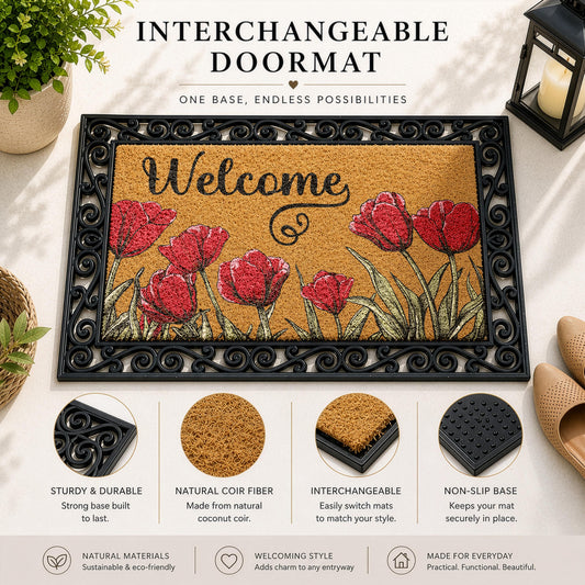 Red Tulips Welcome Mat, Interchangeable Cute Floral Doormat, Flower Lover Housewarming Gift