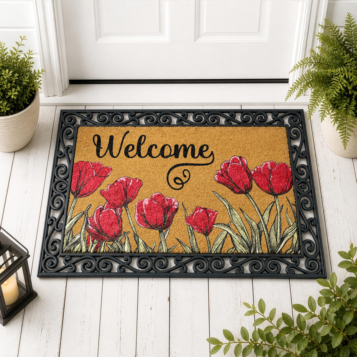 Red Tulips Welcome Mat, Interchangeable Cute Floral Doormat, Flower Lover Housewarming Gift