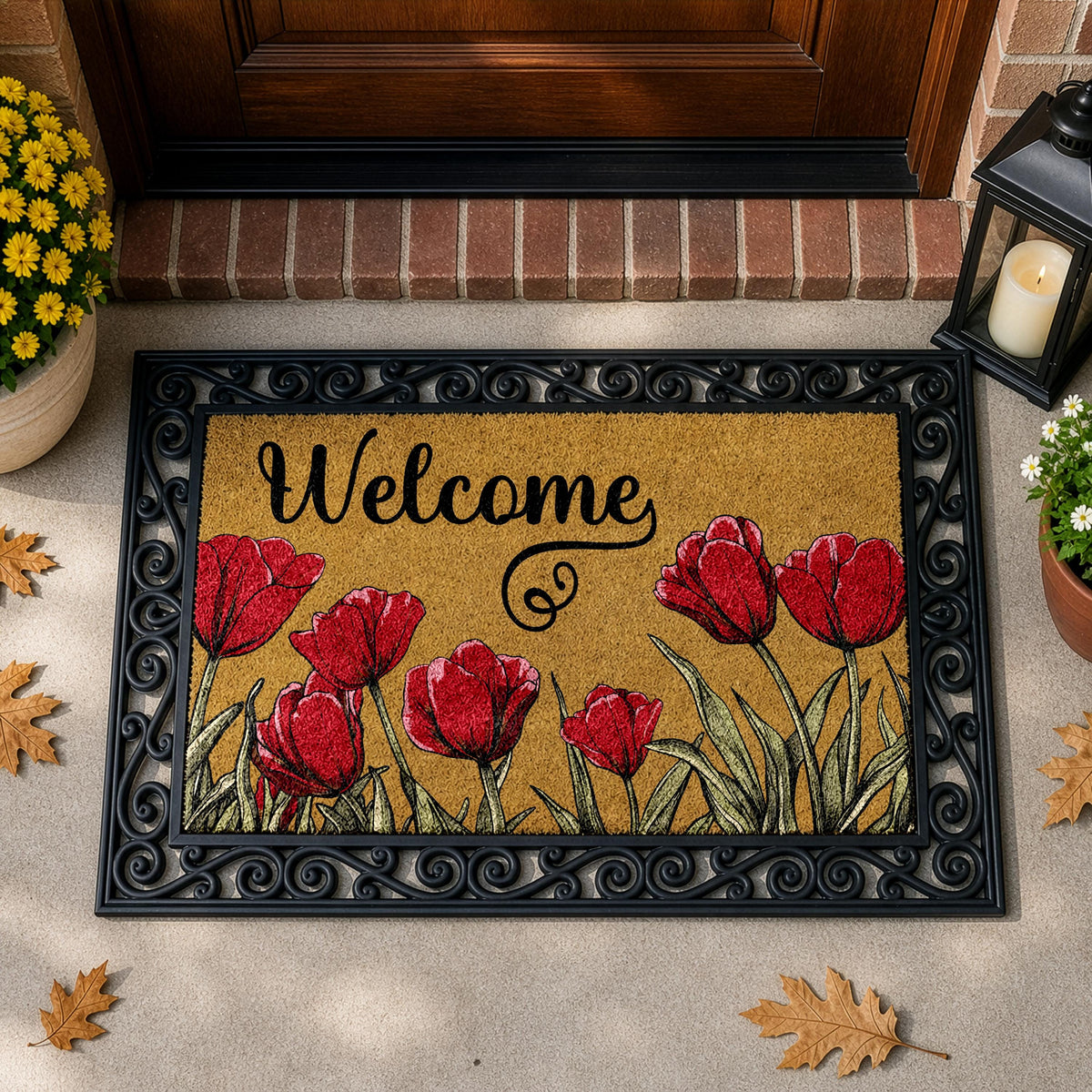 Red Tulips Welcome Mat, Interchangeable Cute Floral Doormat, Flower Lover Housewarming Gift