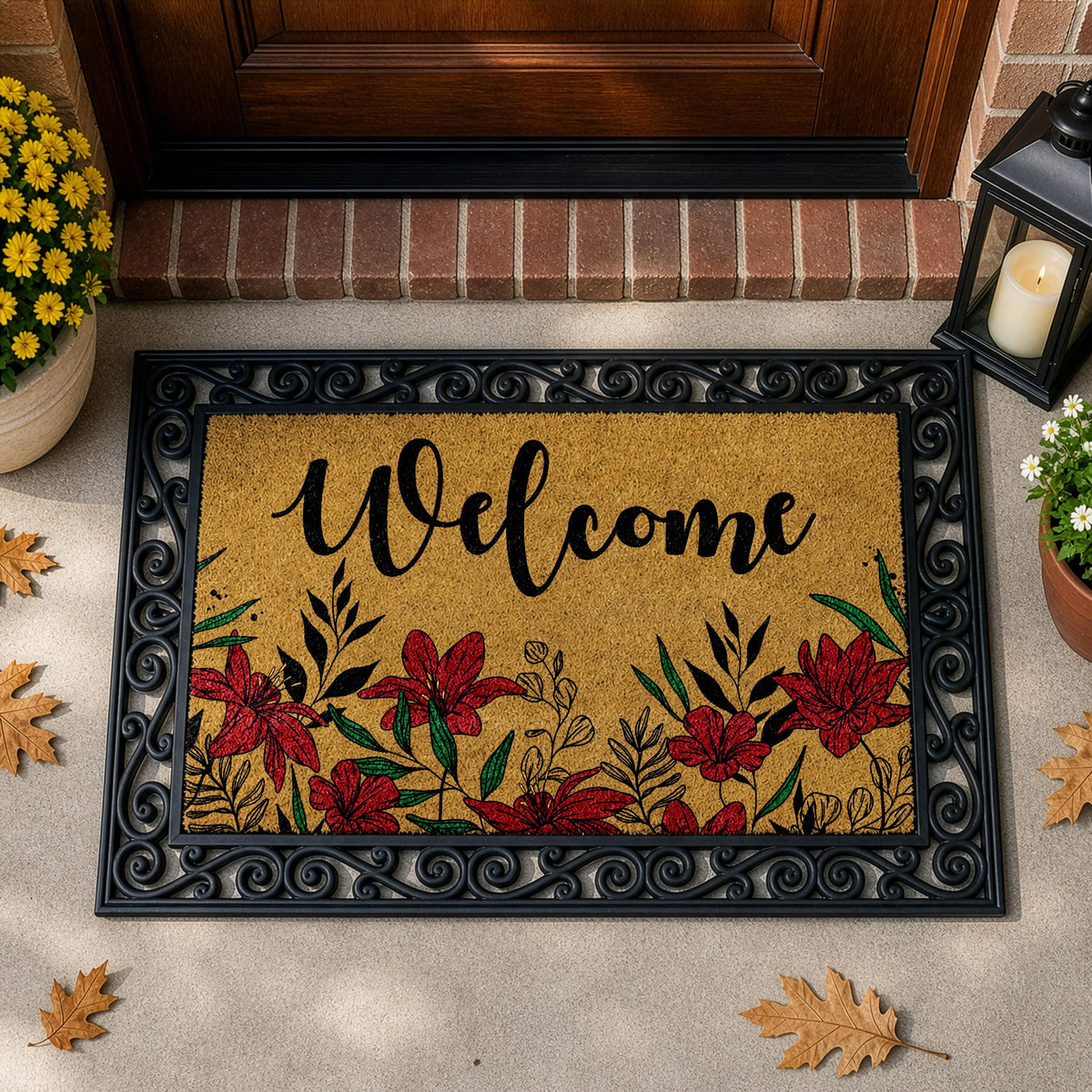 Aesthetic Red Lilies Doormat, Botanical Floral Interchangeable Welcome Mat