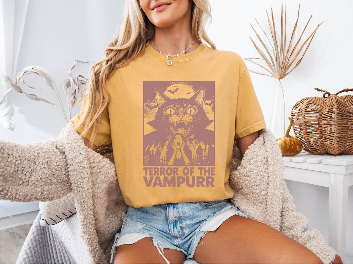 Comfort Colors® Terror Of The Vampurr Cat Shirt, Retro Halloween Tee, Vampire Cat T-shirts, Spooky Cat Tees