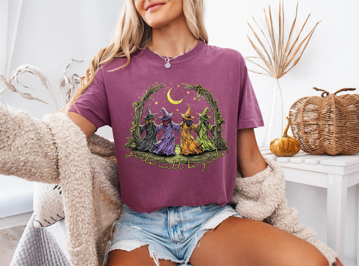 Comfort Colors® Witchy Friends Halloween Shirt, Spooky Girls Tees, Fall Witch Sweatshirt, Witchy Vibes Tee