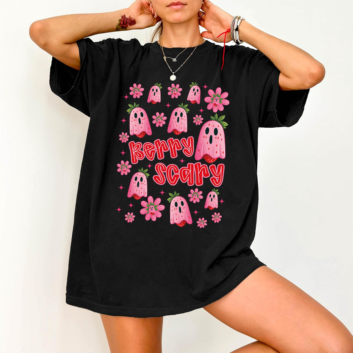 Comfort Colors® Berry Scary Halloween Shirt, Pink Ghost Tee, Spooky Girls Tees, Floral Strawberry Ghost Sweatshirt