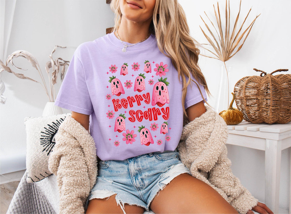 Comfort Colors® Berry Scary Halloween Shirt, Pink Ghost Tee, Spooky Girls Tees, Floral Strawberry Ghost Sweatshirt